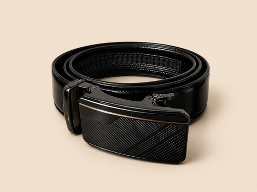 Khaskraft™ Signature Black Leather Belt with Luxury Auto-Lock Ratchet Buckle
