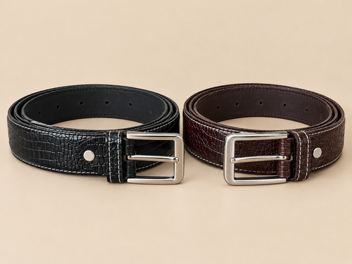 Khaskraft™ Crocodile Texture Leather Belt – Pack of 2 | Black & Brown | Pin Buckle