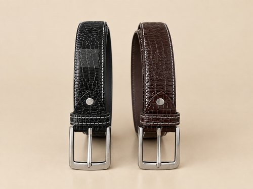 Khaskraft™ Crocodile Texture Leather Belt – Pack of 2 | Black & Brown | Pin Buckle