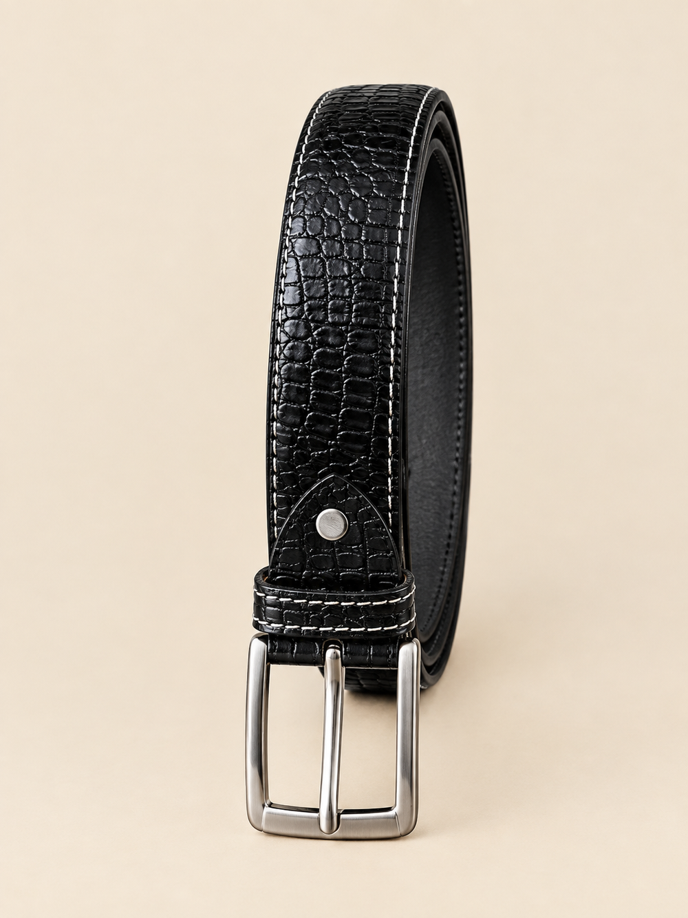 Khaskraft™ Black Crocodile Texture Genuine Leather Pin Buckle Belt
