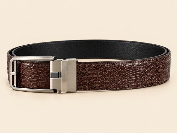 Khaskraft Brown Crocodile Texture Auto-Lock Belt for Men | Premium Ratchet Belt