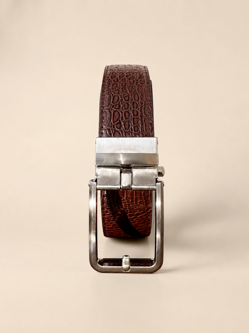 Khaskraft Brown Crocodile Texture Auto-Lock Belt for Men | Premium Ratchet Belt