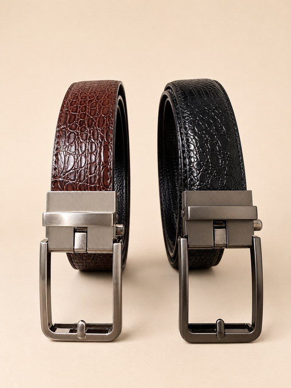 Khaskraft™ Pack of 2 Crocodile Texture Auto-Lock Belts – Black & Brown | Genuine Leather Ratchet Belts for Men