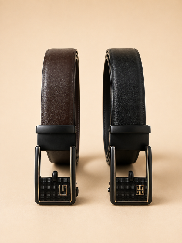 Khaskraft™ Pack of 2 Plain Auto-Lock Belts – Black & Brown | Genuine Leather Ratchet Belts for Men