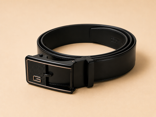 Khaskraft™ Plain Black Auto-Lock Leather Belt | Premium Ratchet Belt | Hole-Free Adjustable Belt for Men
