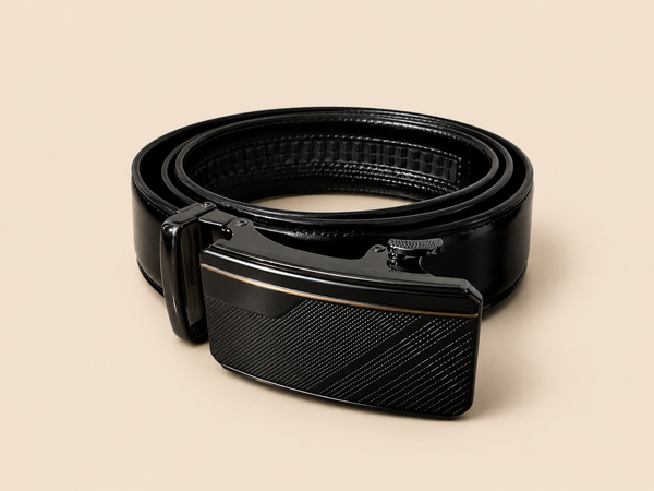Khaskraft™ Signature Black Leather Belt with Luxury Auto-Lock Ratchet Buckle