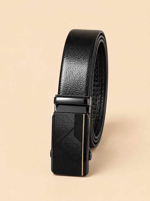 Khaskraft™ Signature Black Leather Belt with Luxury Auto-Lock Ratchet Buckle