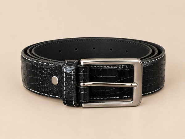 Khaskraft™ Black Crocodile Texture Genuine Leather Pin Buckle Belt