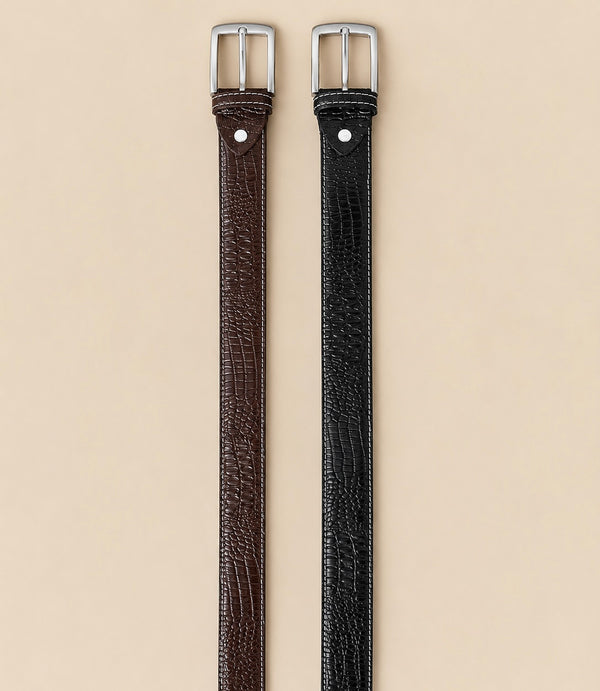 Khaskraft™ Crocodile Texture Leather Belt – Pack of 2 | Black & Brown | Pin Buckle