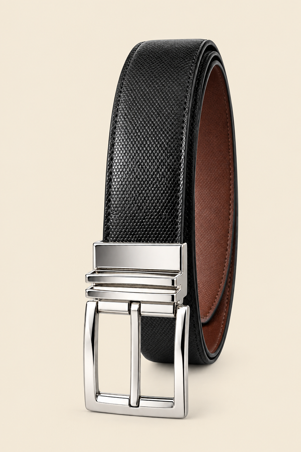 Khaskraft™ 2-in-1 Reversible Black & Brown Micro Pebbled Synthetic Leather Belt
