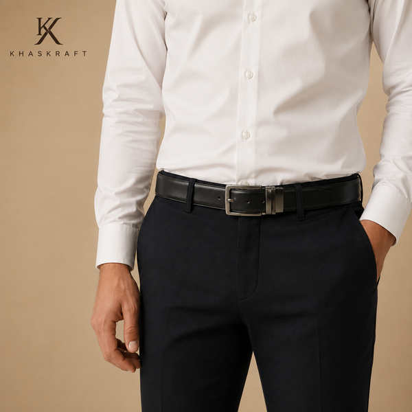 Khaskraft Premium Reversible Genuine Leather Belt for Men | Black & Brown Double-Sided Belt