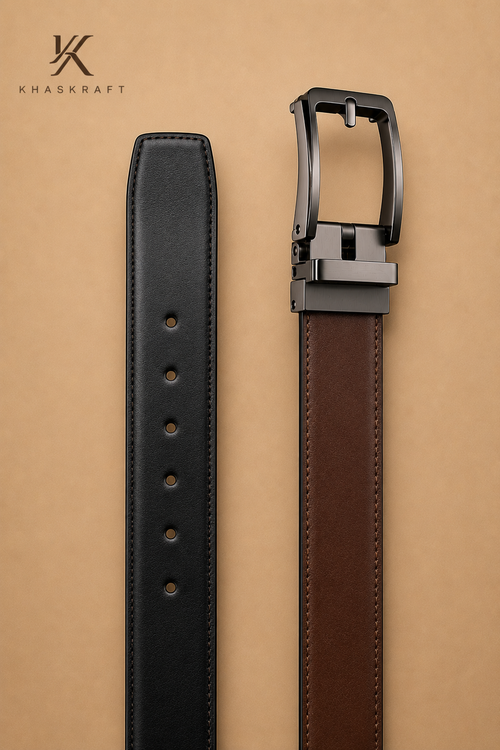 Khaskraft Premium Reversible Genuine Leather Belt for Men | Black & Brown Double-Sided Belt