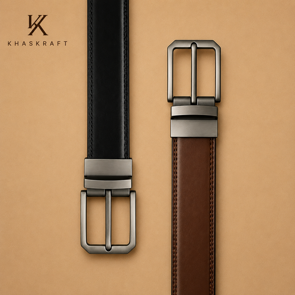 Khaskraft Premium Reversible Genuine Leather Belt for Men | Black & Brown Double-Sided Belt