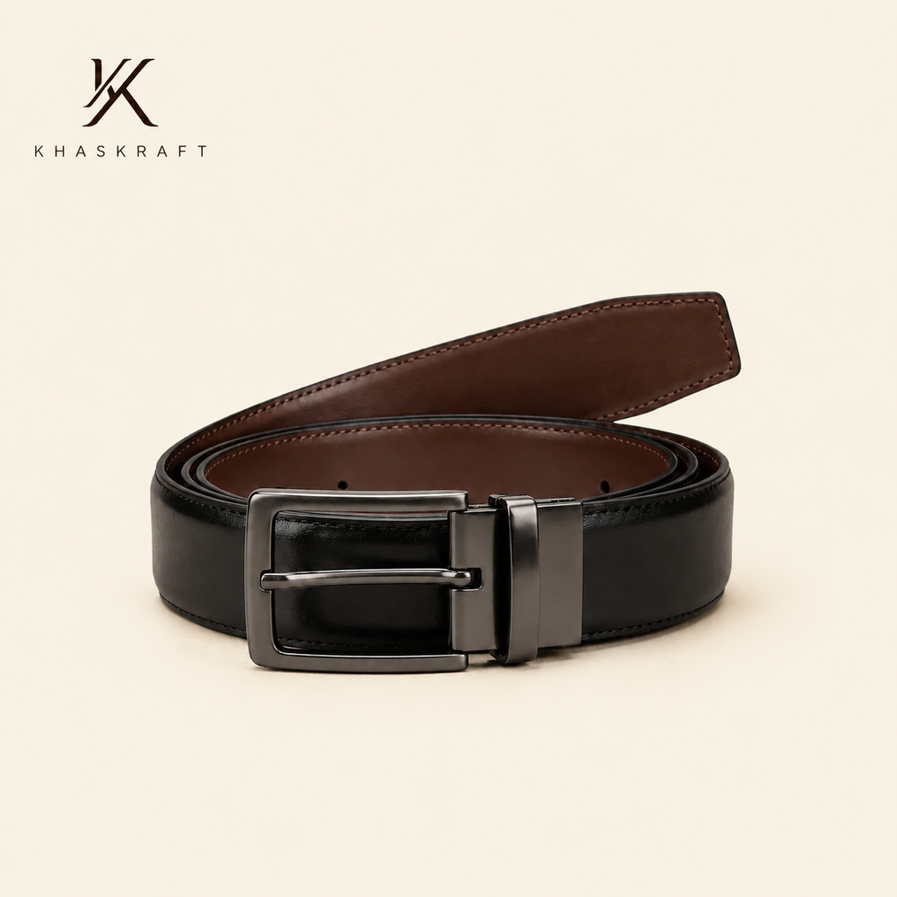 Khaskraft Premium Reversible Genuine Leather Belt for Men | Black & Brown Double-Sided Belt