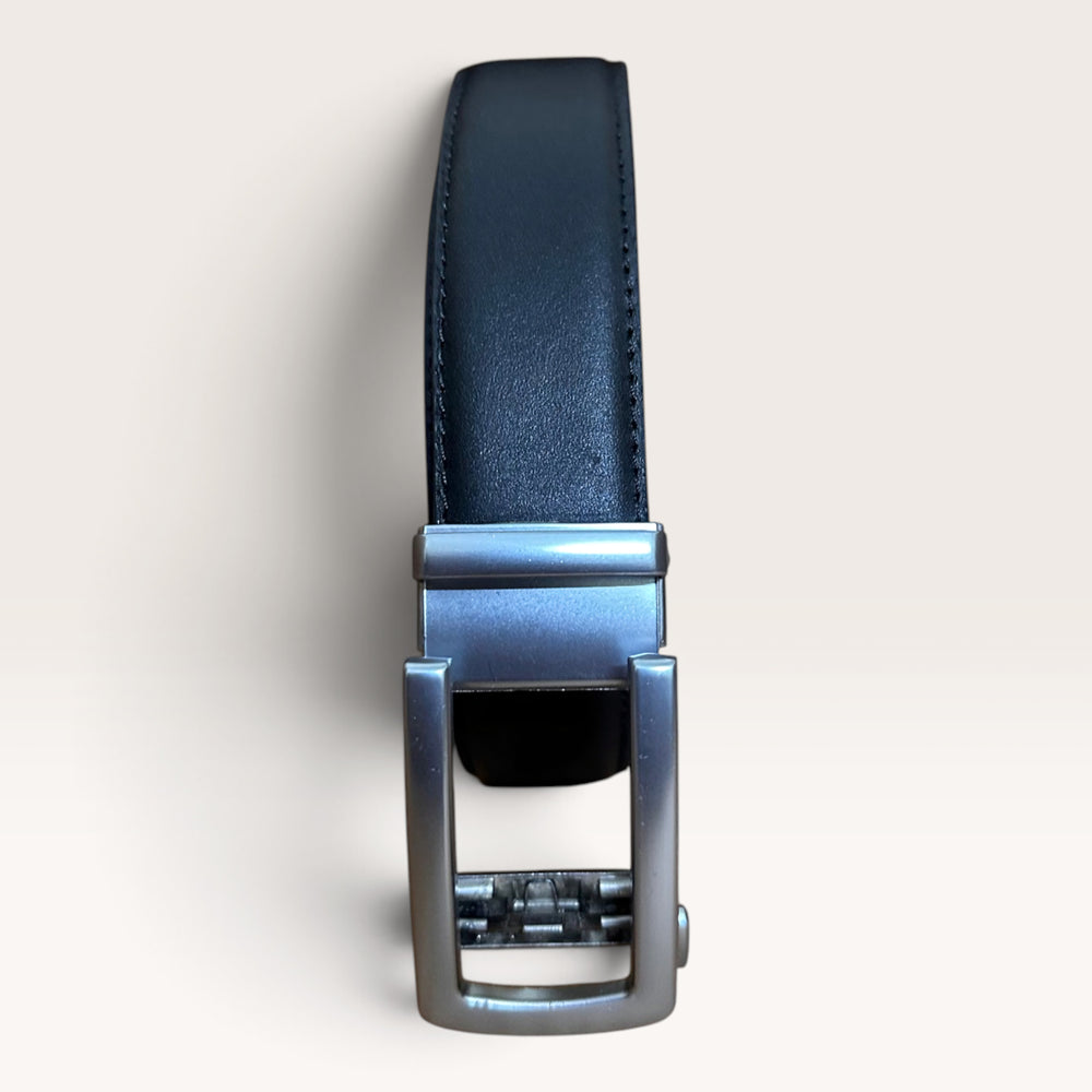 Khaskraft™ 100% Genuine Leather Black Plain Auto-Lock Belt – Silver Gunmetal Buckle