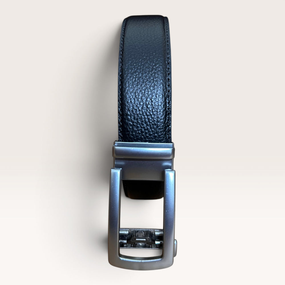 Khaskraft™ 100% Genuine Leather Black Grain Texture Auto-Lock Belt – Silver Gunmetal Buckle