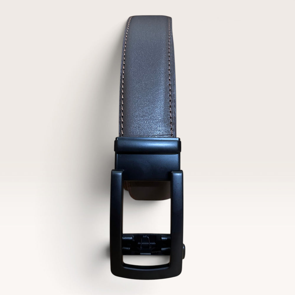 Khaskraft™ 100% Genuine Leather Brown Plain Texture Auto-Lock Belt –Black Gunmetal Buckle