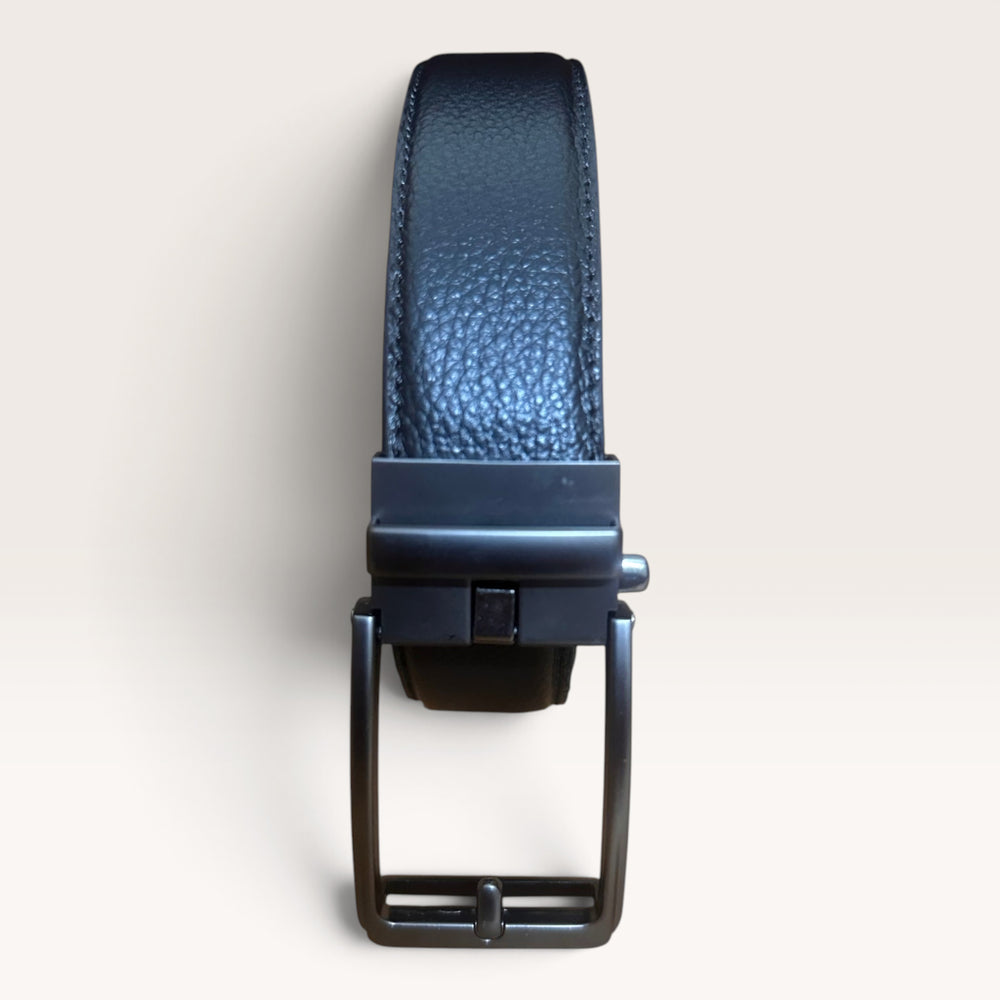 Khaskraft™ 100% Genuine Leather Black Grain Texture Auto-Lock Belt – Smoky Plain Buckle