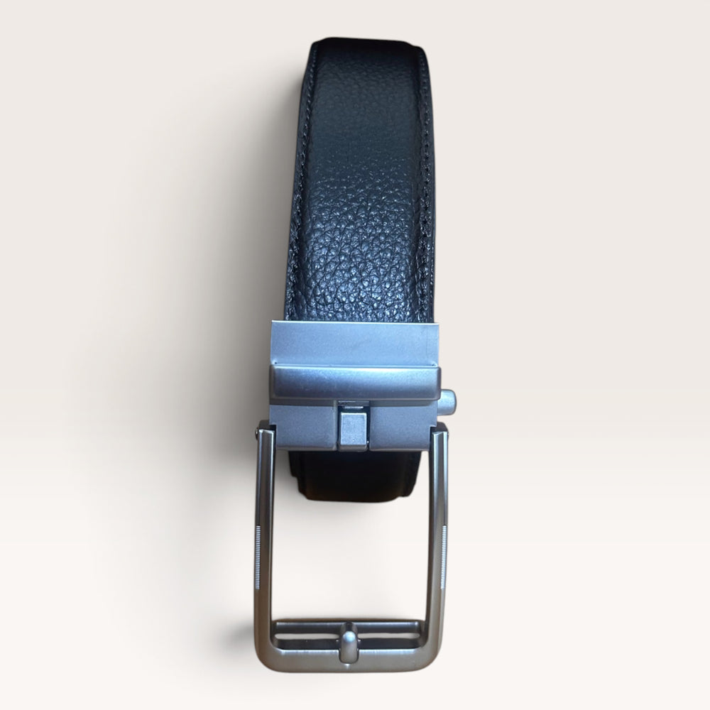 Khaskraft™ 100% Genuine Leather Black Grain Texture Auto-Lock Belt –Silver Plain Buckle