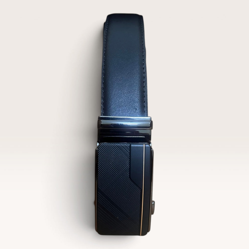 Khaskraft™ 100% Genuine Leather Black Plain Auto-Lock Belt – Matrix Gold Buckle