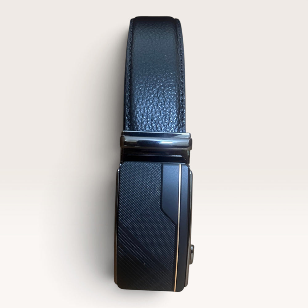 Khaskraft™ 100% Genuine Leather Black Grain Texture Auto-Lock Belt – Matrix Gold Buckle