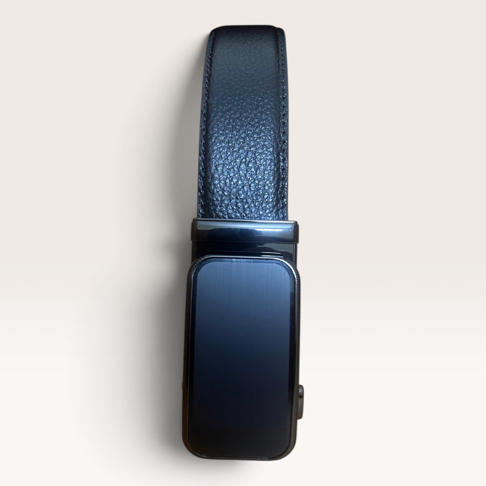Khaskraft™ 100% Genuine Leather Black Grain Texture Auto-Lock Belt – Black Edge Buckle
