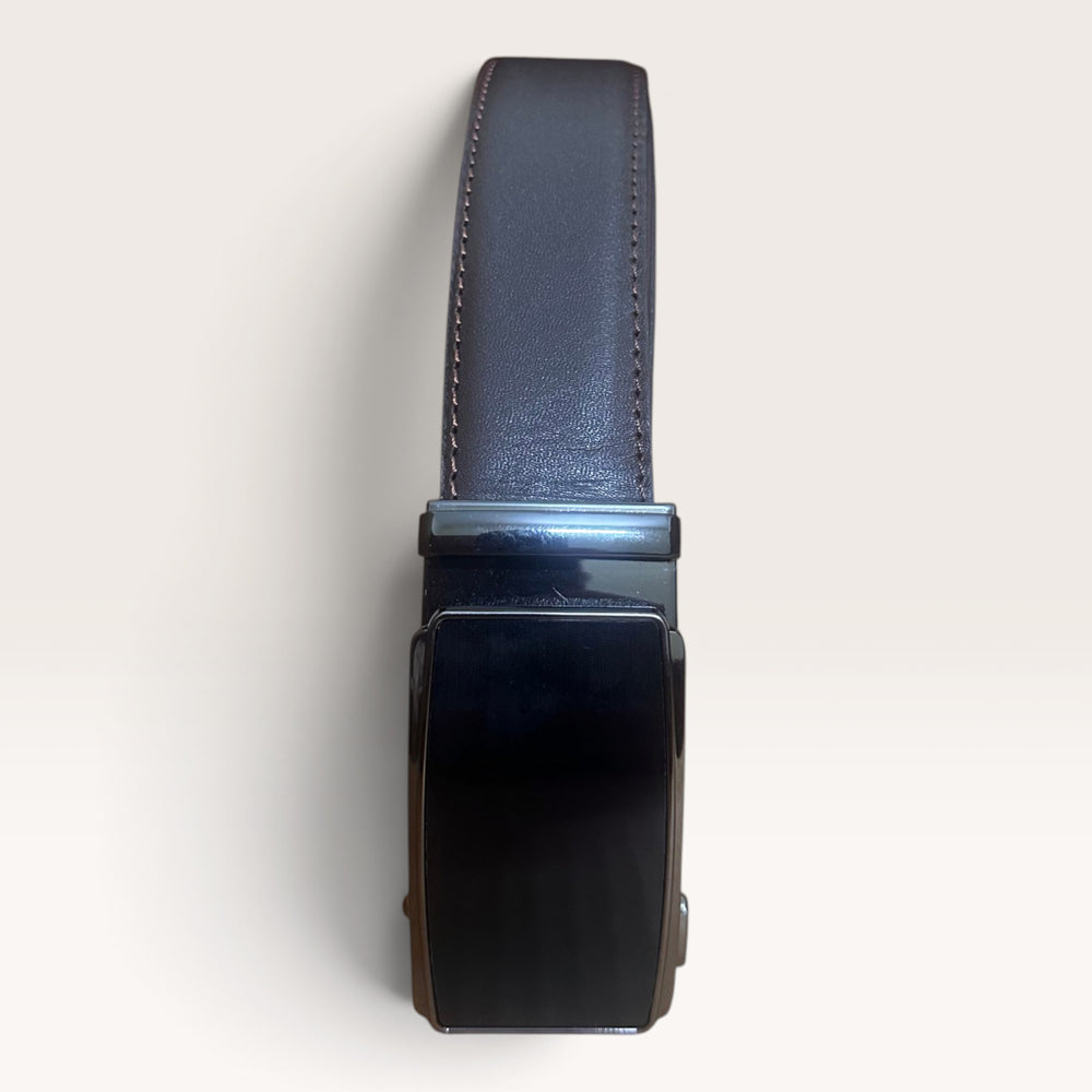 Khaskraft™ 100% Genuine Leather Brown Plain Auto-Lock Belt – Black Shiny Buckle