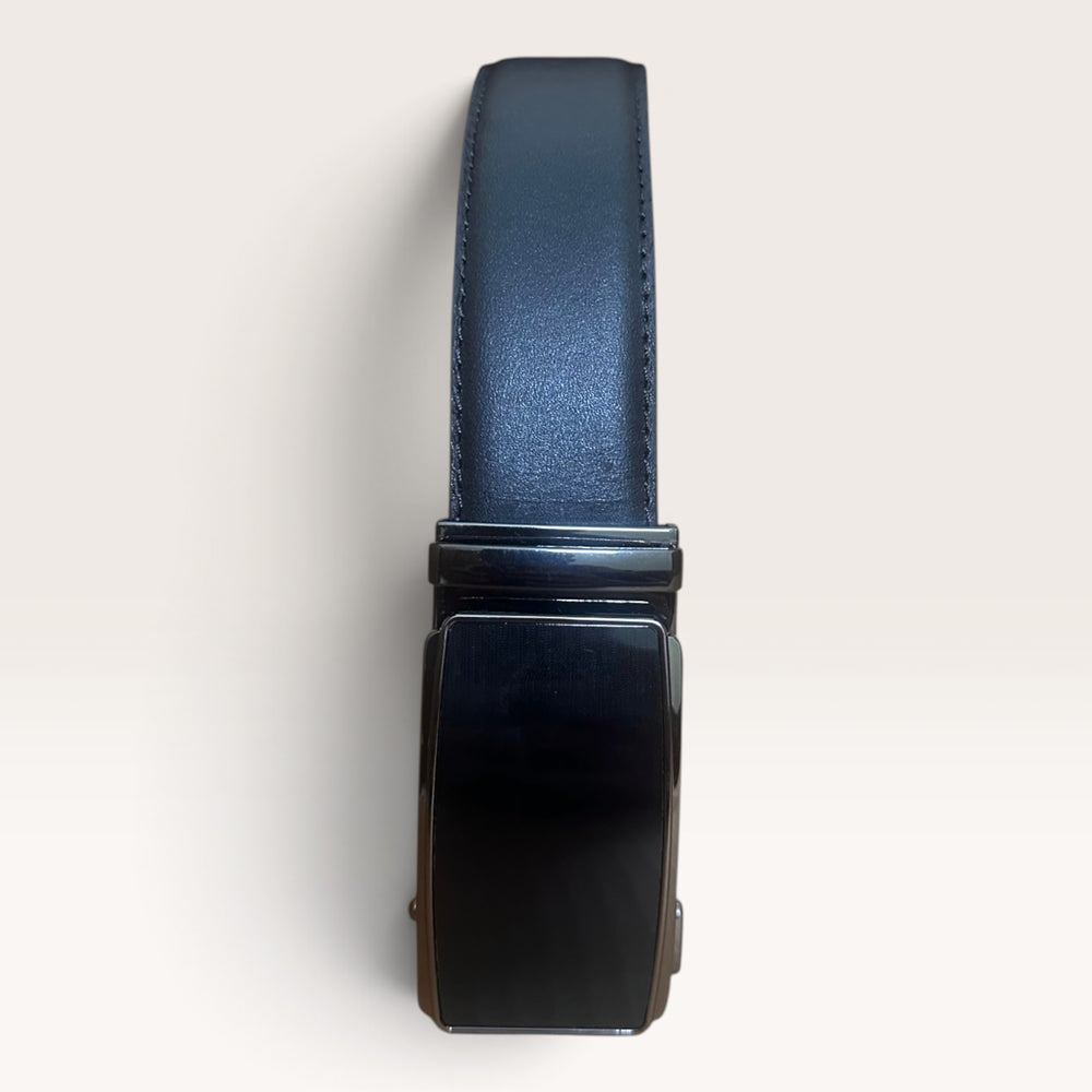 Khaskraft™ 100% Genuine Leather Black Plain Auto-Lock Belt – Black Shiny Buckle