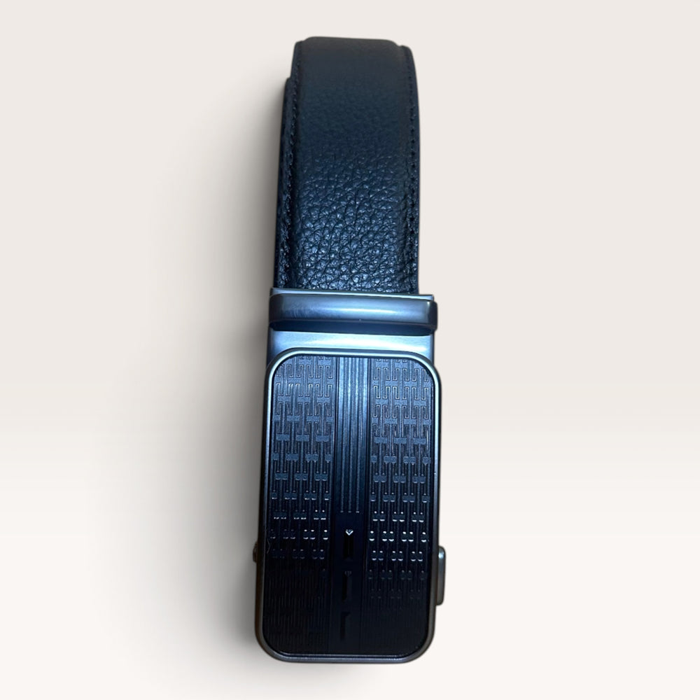 Khaskraft™ 100% Genuine Leather Black Grain Auto-Lock Belt – Linear Pattern Buckle