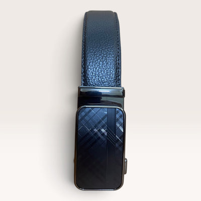 Khaskraft™ 100% Genuine Leather Black Grain Auto-Lock Belt – Diagonal Check Buckle
