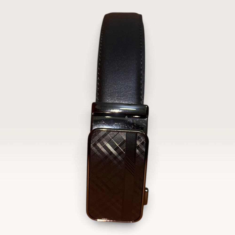Khaskraft™ 100% Genuine Leather Black Plain Auto-Lock Belt – Diagonal Check Buckle