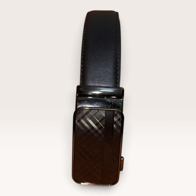 Khaskraft™ 100% Genuine Leather Black Plain Auto-Lock Belt – Diagonal Check Buckle