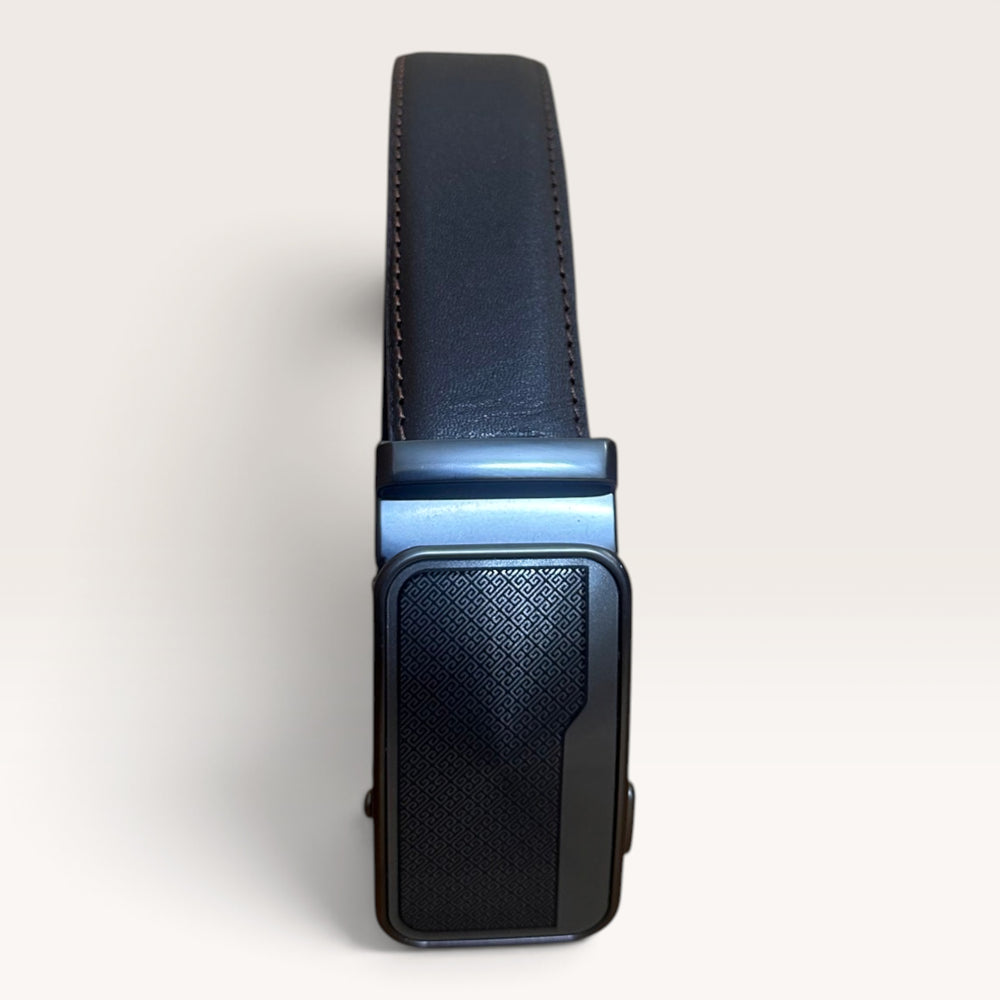 Khaskraft™ 100% Genuine Leather Brown Plain Auto-Lock Belt – Greek Pattern Buckle
