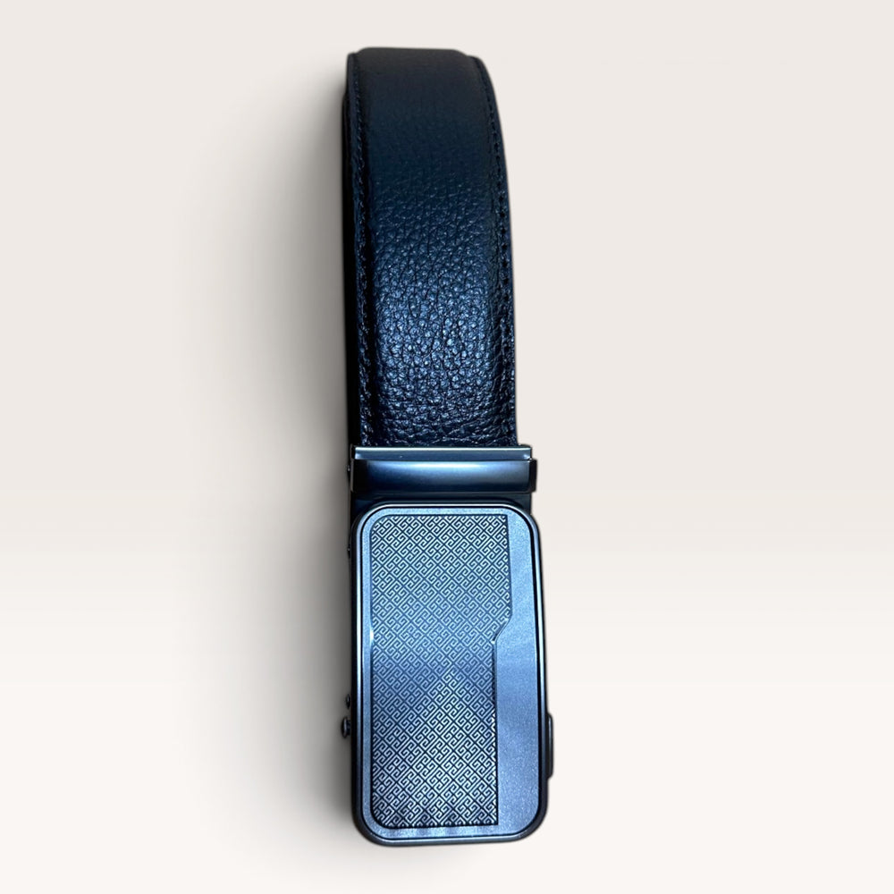 Khaskraft™ 100% Genuine Leather Black Grain Auto-Lock Belt –Greek pattern Buckle