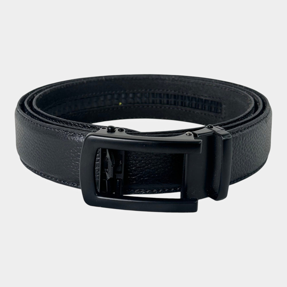 Khaskraft™ 100% Genuine Leather Black Grain Texture Auto-Lock Belt –Black Gunmetal Buckle