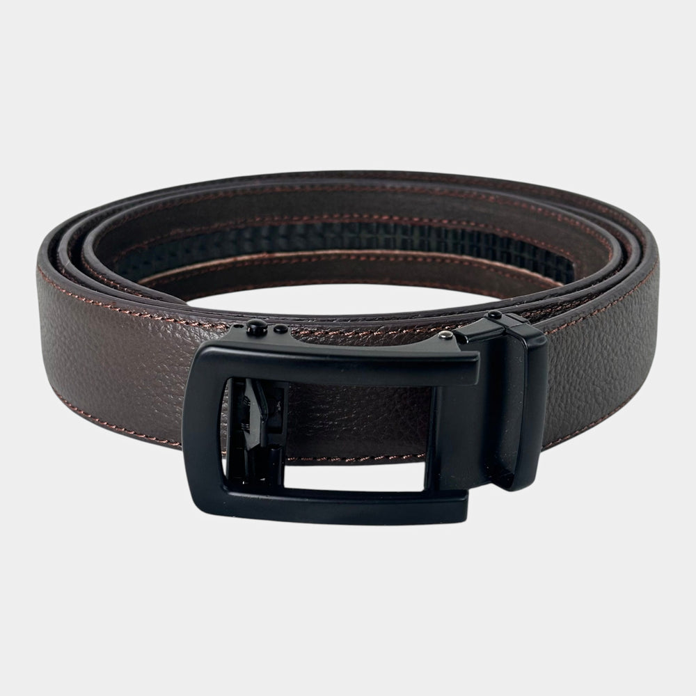 Khaskraft™ 100% Genuine Leather Brown Grain Texture Auto-Lock Belt –Black Gunmetal Buckle