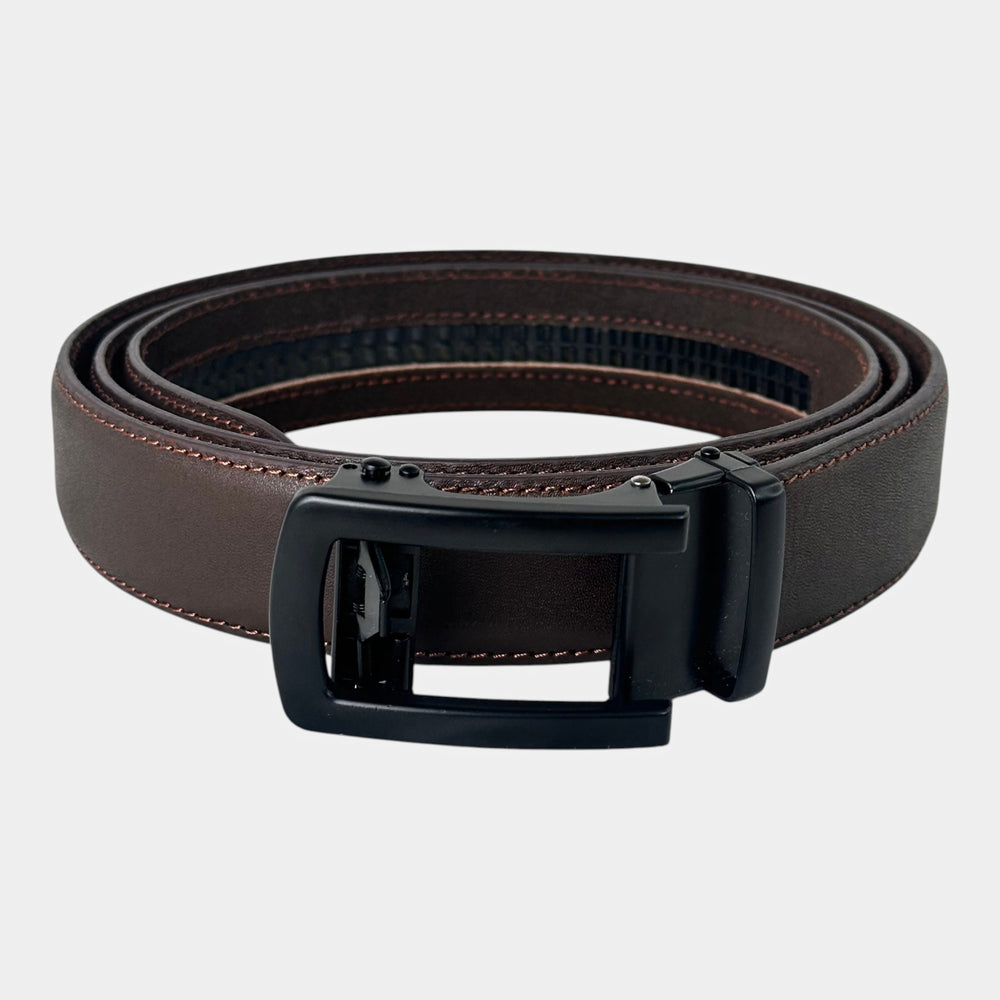 Khaskraft™ 100% Genuine Leather Brown Plain Texture Auto-Lock Belt –Black Gunmetal Buckle