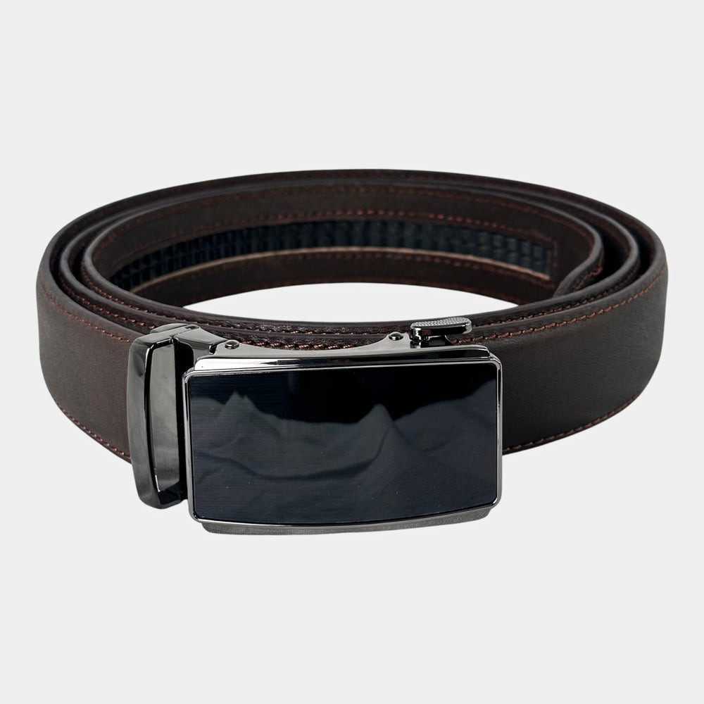 Khaskraft™ 100% Genuine Leather Brown Plain Auto-Lock Belt – Black Shiny Buckle