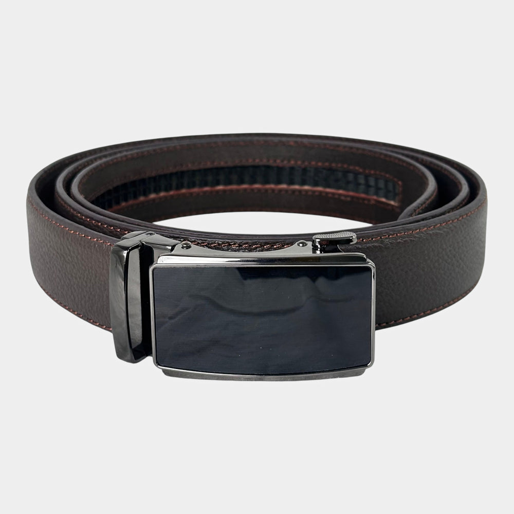 Khaskraft™ 100% Genuine Leather Brown Grain Auto-Lock Belt – Black Shiny Buckle