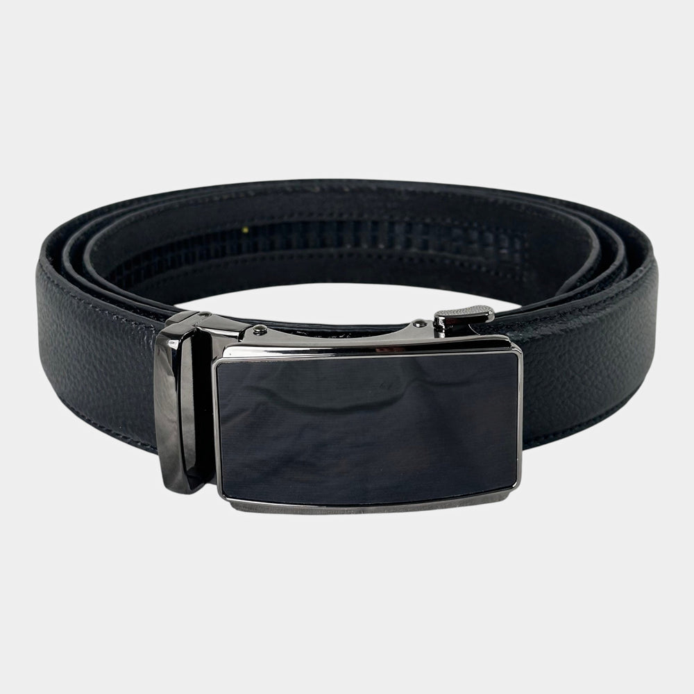 Khaskraft™ 100% Genuine Leather Black Grain Auto-Lock Belt – Black Shiny Buckle