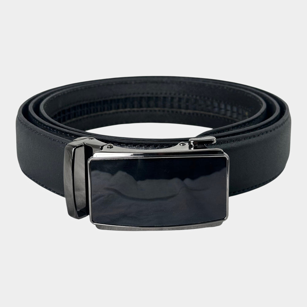 Khaskraft™ 100% Genuine Leather Black Plain Auto-Lock Belt – Black Shiny Buckle