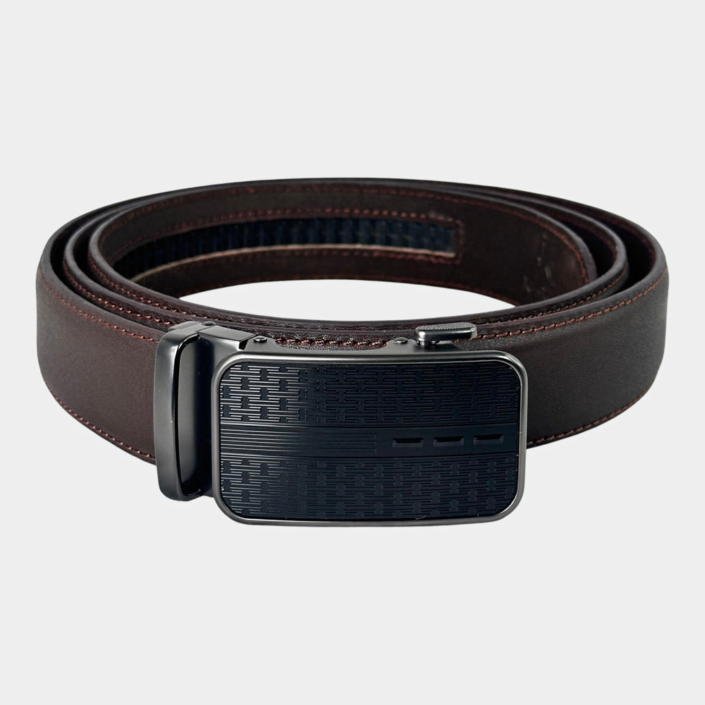 Khaskraft™ 100% Genuine Leather Brown Plain Auto-Lock Belt – Linear Pattern Buckle