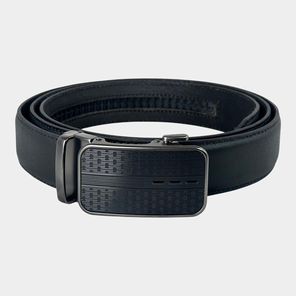 Khaskraft™ 100% Genuine Leather Black Plain Auto-Lock Belt – Linear Pattern Buckle