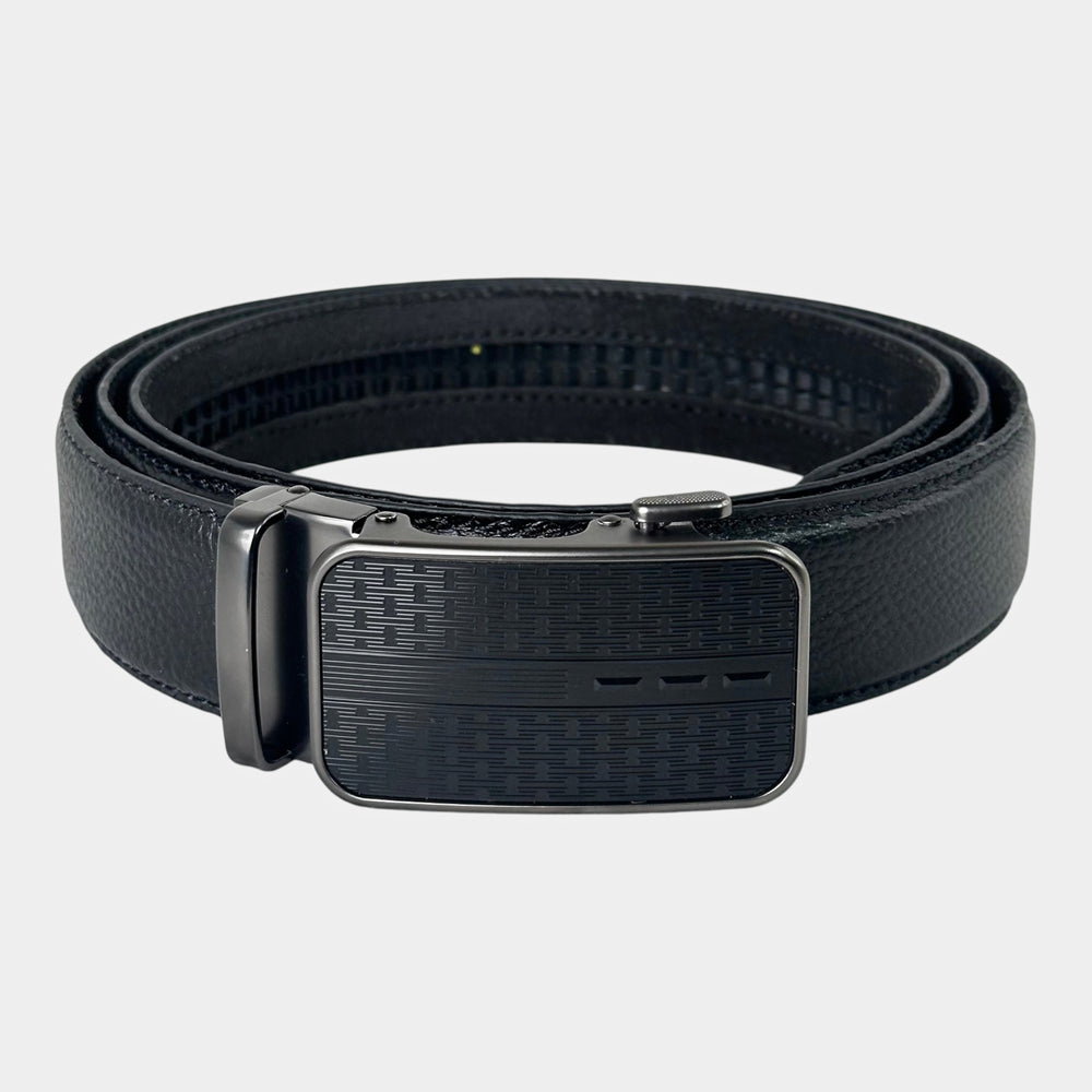 Khaskraft™ 100% Genuine Leather Black Grain Auto-Lock Belt – Linear Pattern Buckle