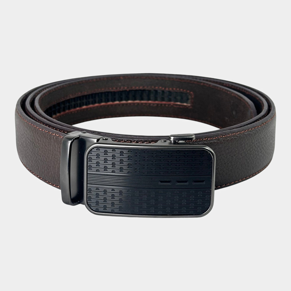 Khaskraft™ 100% Genuine Leather Brown Grain Auto-Lock Belt – Linear Pattern Buckle