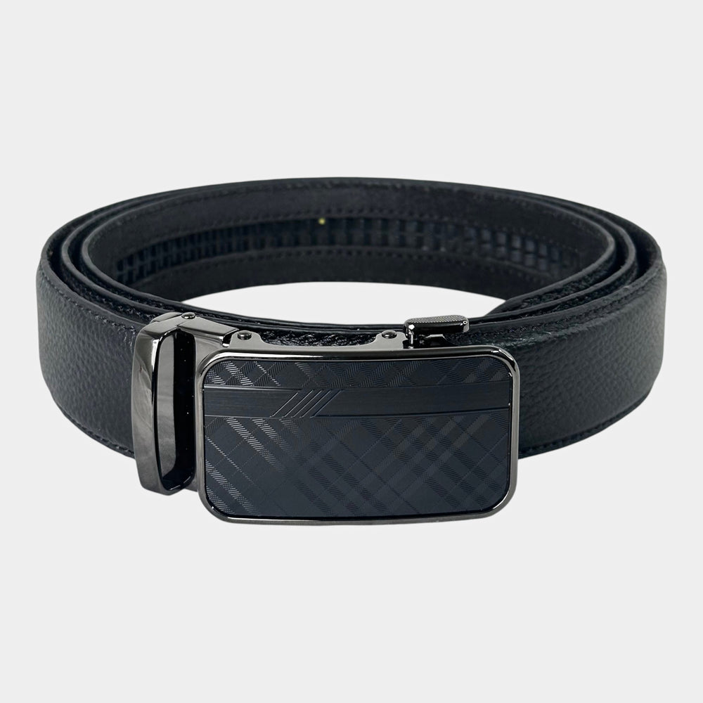 Khaskraft™ 100% Genuine Leather Black Grain Auto-Lock Belt – Diagonal Check Buckle