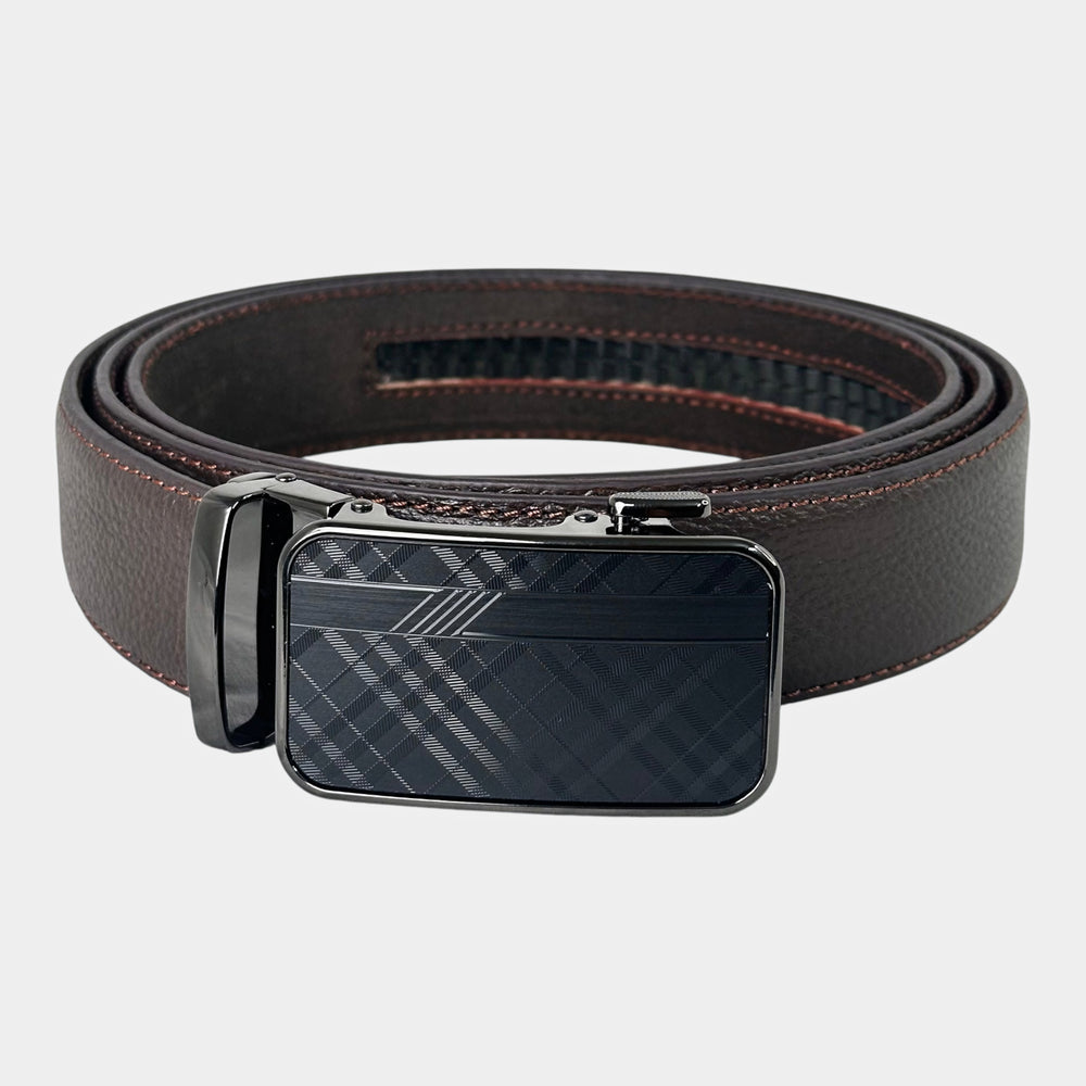 Khaskraft™ 100% Genuine Leather Brown Grain Auto-Lock Belt – Diagonal Check Buckle