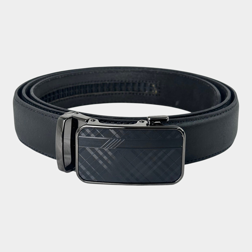 Khaskraft™ 100% Genuine Leather Black Plain Auto-Lock Belt – Diagonal Check Buckle