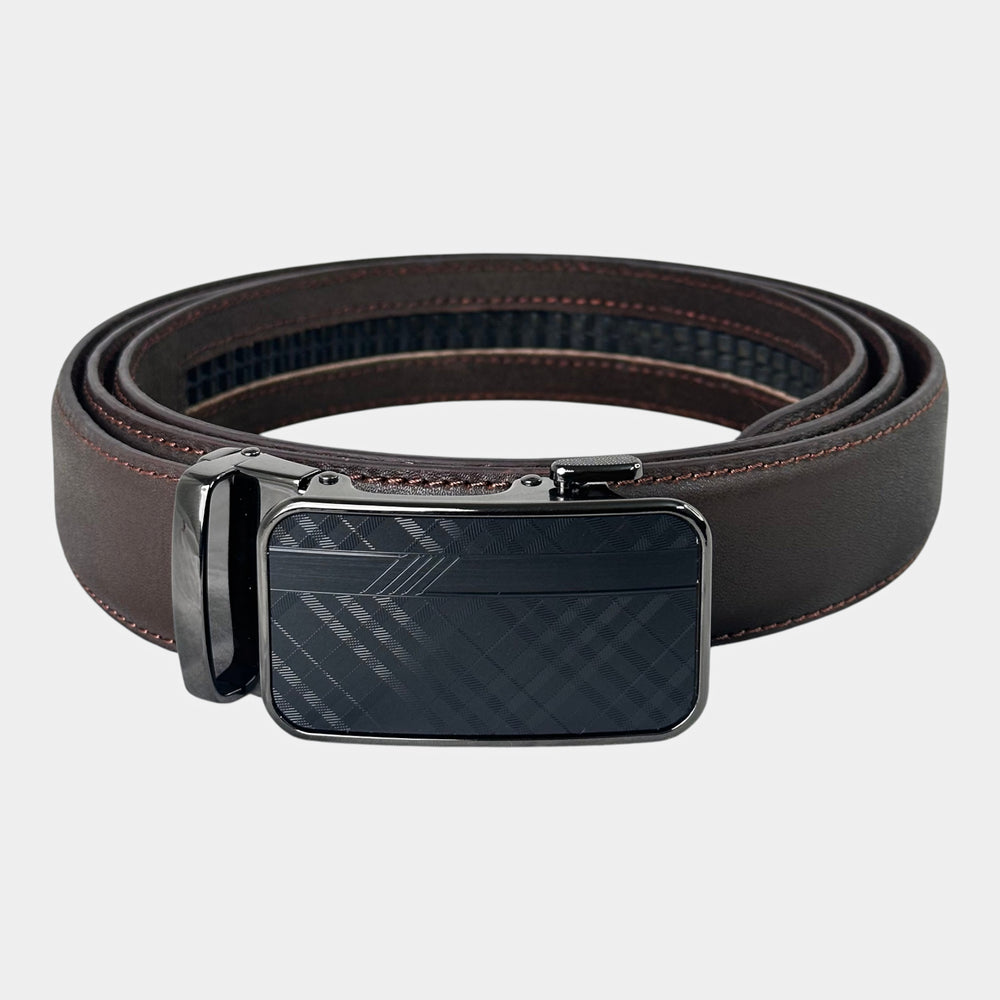 Khaskraft™ 100% Genuine Leather Brown Plain Auto-Lock Belt – Diagonal Check Buck