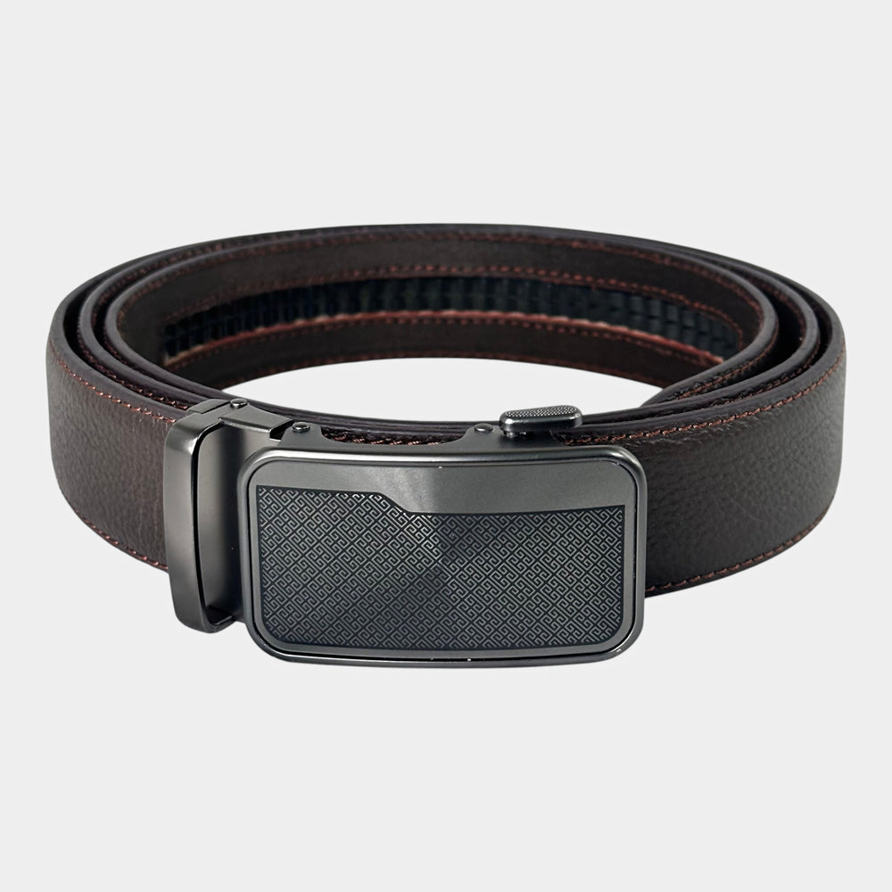 Khaskraft™ 100% Genuine Leather Brown Grain Auto-Lock Belt – Greek Pattern Buckle
